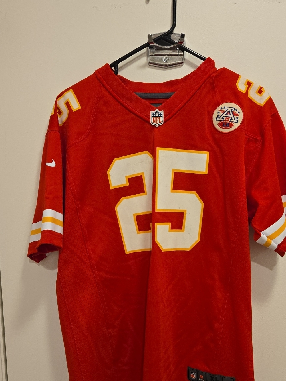 Clyde Edwards-Helaire Nike Red and White #25 Football Jersey with Yellow Accents
